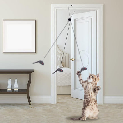 Cat Toy with Mouse and Feather, Hanging Door Toy for Indoor Cats, Stimulating Play.