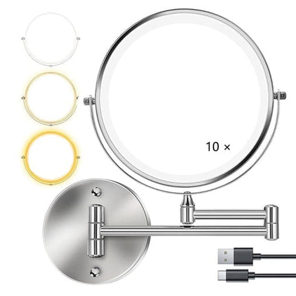 8 Inch Wall Mounted Makeup Mirror with Lights, 3x/10x Magnification, Dimmable 3 Light Modes, 360° Rotatable Double-Sided Mirror, Silver.