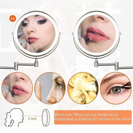 8 Inch Wall Mounted Makeup Mirror with Lights, 3x/10x Magnification, Dimmable 3 Light Modes, 360° Rotatable Double-Sided Mirror, Silver.