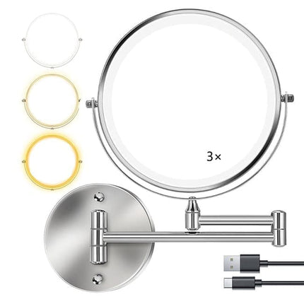 8 Inch Wall Mounted Makeup Mirror with Lights, 3x/10x Magnification, Dimmable 3 Light Modes, 360° Rotatable Double-Sided Mirror, Silver.