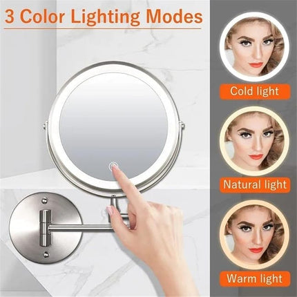 8 Inch Wall Mounted Makeup Mirror with Lights, 3x/10x Magnification, Dimmable 3 Light Modes, 360° Rotatable Double-Sided Mirror, Silver.