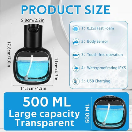 500ml Touchless Automatic Soap Dispenser with USB-C Charging, compatible with Liquid Soap, Black.