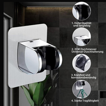 Adjustable self-adhesive shower holder no drilling wall bracket for handheld shower, easy bathroom installation.