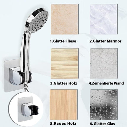 Adjustable self-adhesive shower holder no drilling wall bracket for handheld shower, easy bathroom installation.