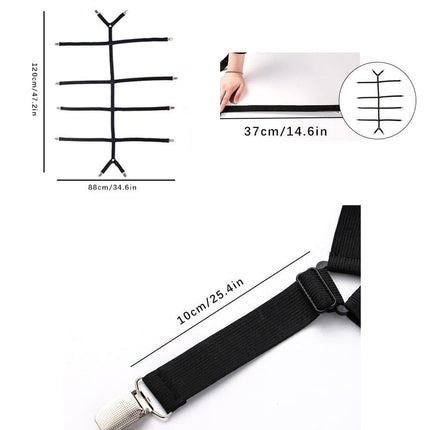 Adjustable Sheet Holders with Elastic Bands and Metal Clips for Securing Sheets Mattress or Sofa Covers, Black.