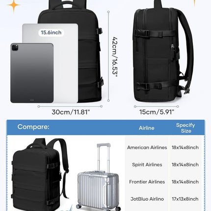 Travel Backpack 42 x 30 x 20 cm, Black, Cabin Bag with Dry and Wet Sorting.