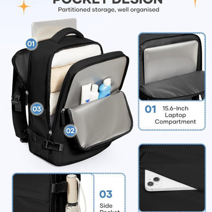 Travel Backpack 42 x 30 x 20 cm, Black, Cabin Bag with Dry and Wet Sorting.