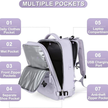 Purple Travel Backpack Cabin Bag with Dry Wet Sorting, 42 x 30 x 20 cm.