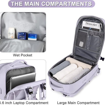Purple Travel Backpack Cabin Bag with Dry Wet Sorting, 42 x 30 x 20 cm.