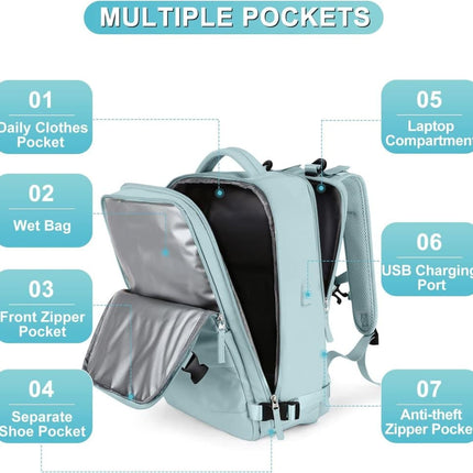 Blue Travel Backpack Cabin Bag with Dry Wet Sorting, 42 x 30 x 20 cm.