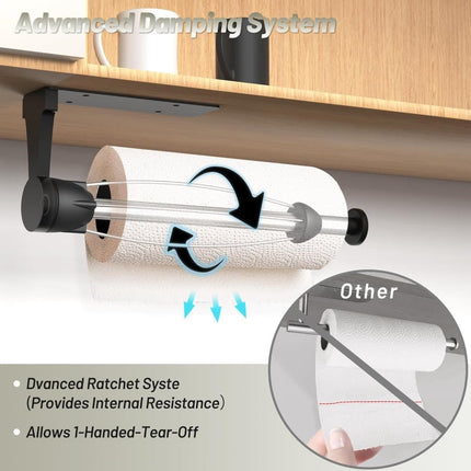 Kitchen paper holder with damping effect, no-drill or adhesive mount option, for kitchen.
