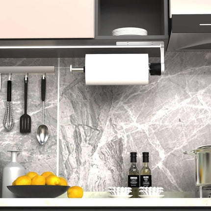 Kitchen paper holder with damping effect, no-drill or adhesive mount option, for kitchen.