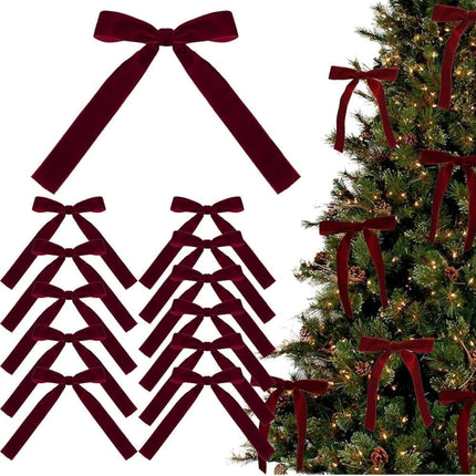 12 Christmas Bows for Tree, Velvet in Burgundy.