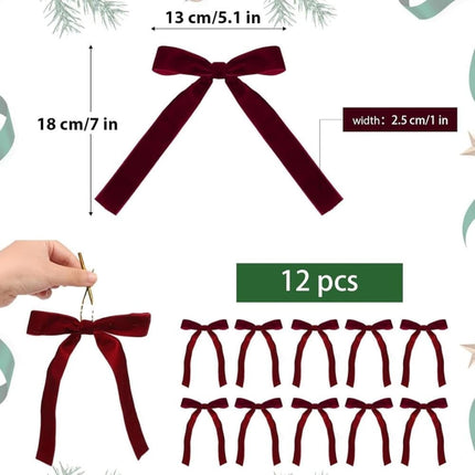 12 Christmas Bows for Tree, Velvet in Burgundy.