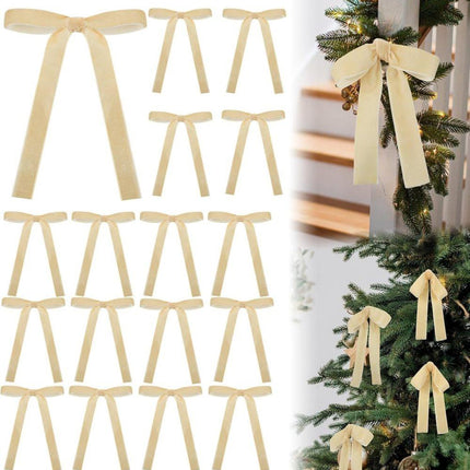 12 Christmas Bows Velvet Tree Decorations in Beige, 6-inch.