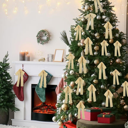 12 Christmas Bows Velvet Tree Decorations in Beige, 6-inch.