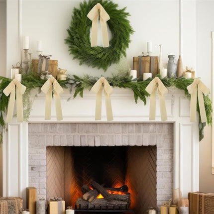 12 Christmas Bows Velvet Tree Decorations in Beige, 6-inch.
