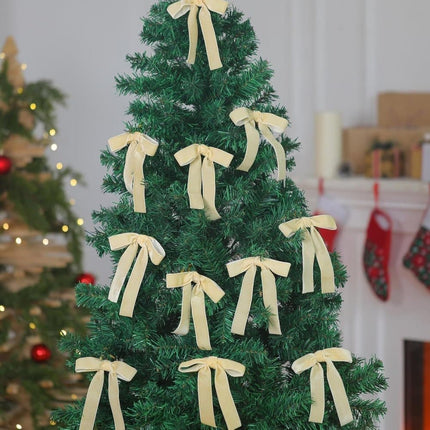 12 Christmas Bows Velvet Tree Decorations in Beige, 6-inch.