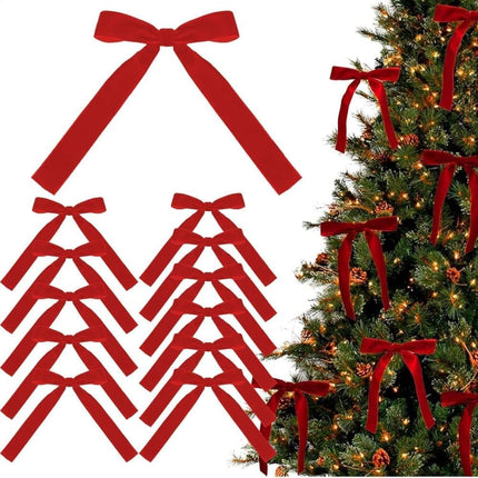 12 Christmas Bows Velvet Tree Decorations, Red.