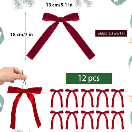 12 Christmas Bows Velvet Tree Decorations, Red.