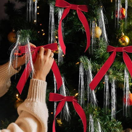 12 Christmas Bows Velvet Tree Decorations, Red.