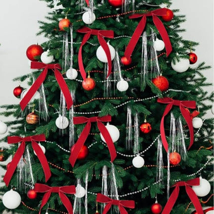12 Christmas Bows Velvet Tree Decorations, Red.