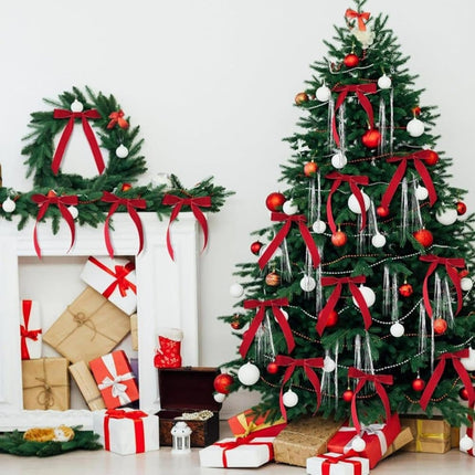 12 Christmas Bows Velvet Tree Decorations, Red.