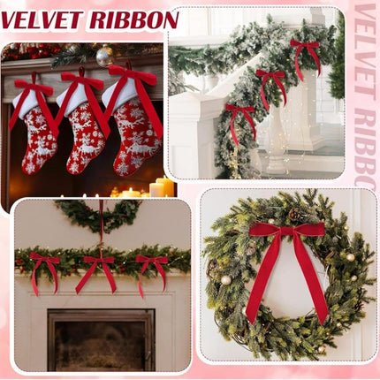 12 Christmas Bows Velvet Tree Decorations, Red.
