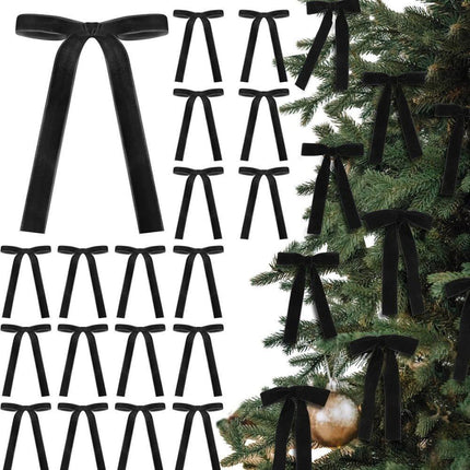12 Christmas Bows Velvet Tree Decorations in Black, 6 inches.