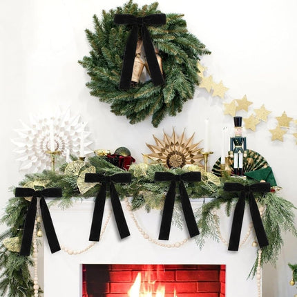 12 Christmas Bows Velvet Tree Decorations in Black, 6 inches.