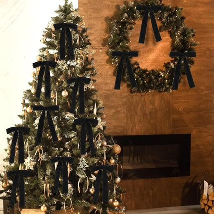 12 Christmas Bows Velvet Tree Decorations in Black, 6 inches.
