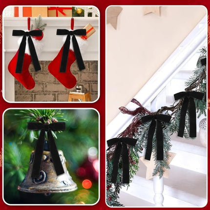 12 Christmas Bows Velvet Tree Decorations in Black, 6 inches.