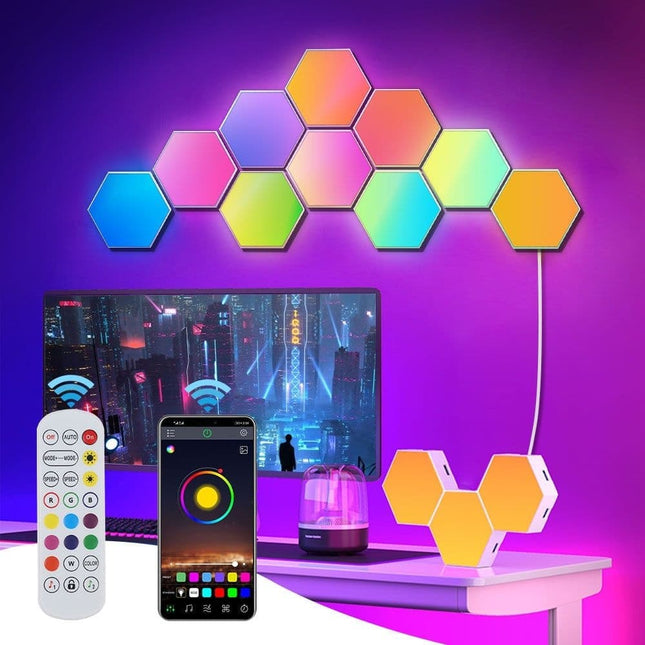 6 RGB Hexagon LED Wall Lamps with App Control, 16.5x14.5cm.