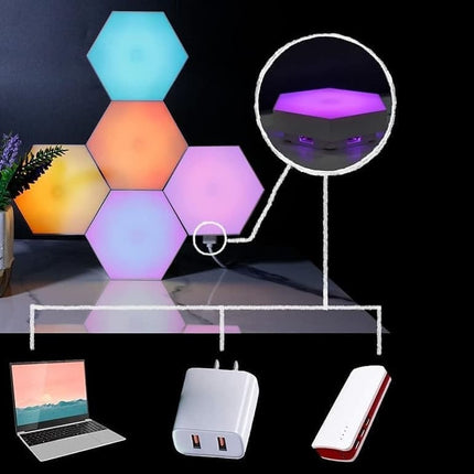 6 RGB Hexagon LED Wall Lamps with App Control, 16.5x14.5cm.