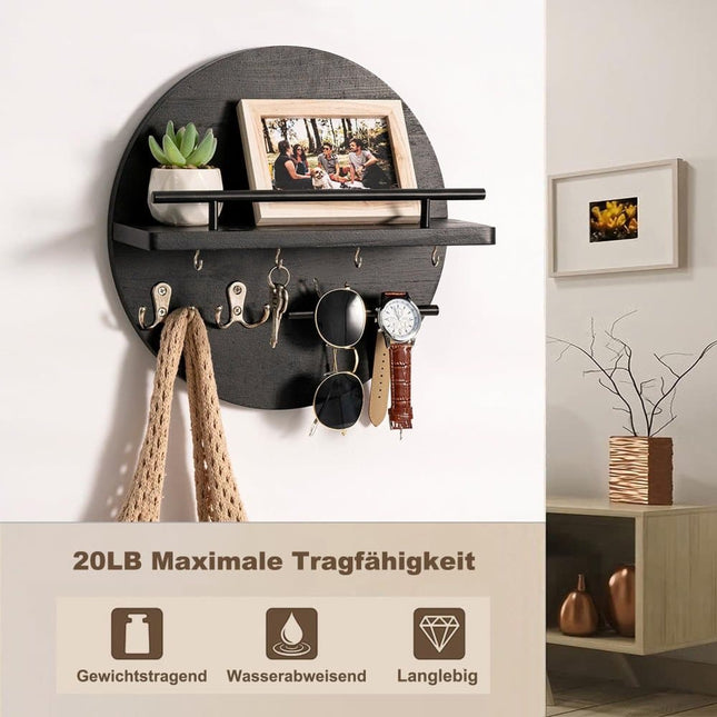 Wooden Key Holder with Storage Tray and Hooks for Hallway Corridor Bedroom Office, Black.
