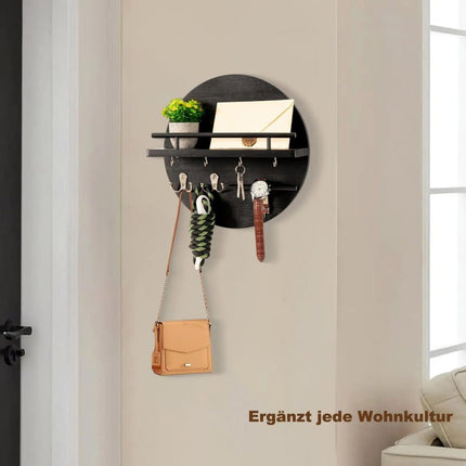 Wooden Key Holder with Storage Tray and Hooks for Hallway Corridor Bedroom Office, Black.