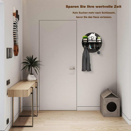 Wooden Key Holder with Storage Tray and Hooks for Hallway Corridor Bedroom Office, Black.