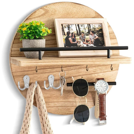 Wooden Key Holder with Storage Tray and Hooks for Hallway Corridor Bedroom Office, Light Brown.