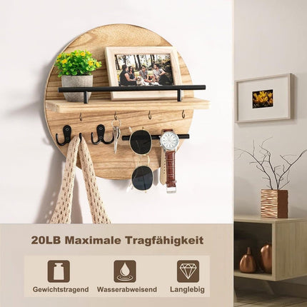 Wooden Key Holder with Storage Tray and Hooks for Hallway Corridor Bedroom Office, Light Brown.