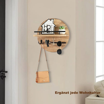 Wooden Key Holder with Storage Tray and Hooks for Hallway Corridor Bedroom Office, Light Brown.