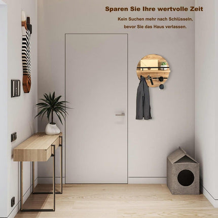 Wooden Key Holder with Storage Tray and Hooks for Hallway Corridor Bedroom Office, Light Brown.