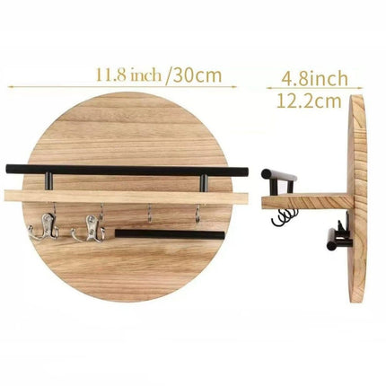 Wooden Key Holder with Storage Tray and Hooks for Hallway Corridor Bedroom Office, Light Brown.