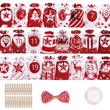 24 Christmas Calendar Bags, DIY Advent Calendar with Hanging Bags, Reusable for Christmas Gifts, Red.