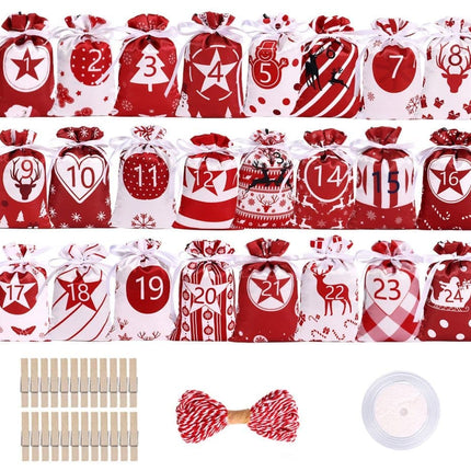 24 Christmas Calendar Bags, DIY Advent Calendar with Hanging Bags, Reusable for Christmas Gifts, Red.