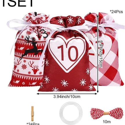 24 Christmas Calendar Bags, DIY Advent Calendar with Hanging Bags, Reusable for Christmas Gifts, Red.
