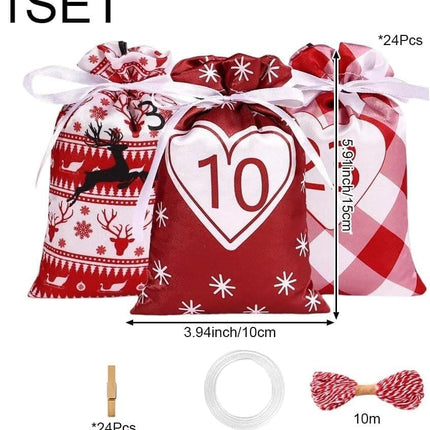 24 Christmas Calendar Bags, DIY Advent Calendar with Hanging Bags, Reusable for Christmas Gifts, Red.