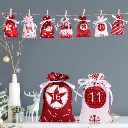 24 Christmas Calendar Bags, DIY Advent Calendar with Hanging Bags, Reusable for Christmas Gifts, Red.