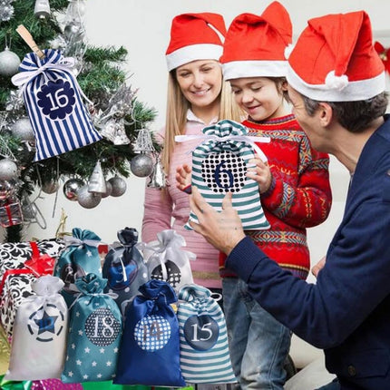 24 Christmas Calendar Bags, DIY Advent Calendar with Hanging Bags, Reusable Christmas Gifts, Blue.