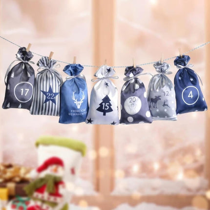 24 Christmas Calendar Bags, DIY Advent Calendar with Hanging Bags, Reusable Christmas Gifts, Blue.