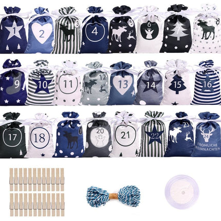24 Christmas Calendar Bags, DIY Advent Calendar with Hanging Bags, Reusable Christmas Gifts, Blue.